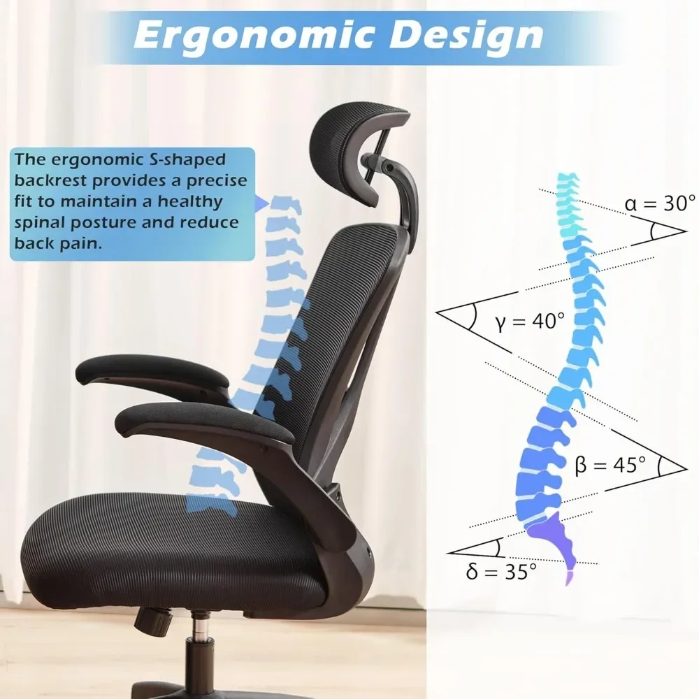 Chaise de bureau ergonomique avec accoudoirs rabattables réglables, chaise d'ordinateur avec fonction de repos et d'inclinaison, soutien lombaire, sauna