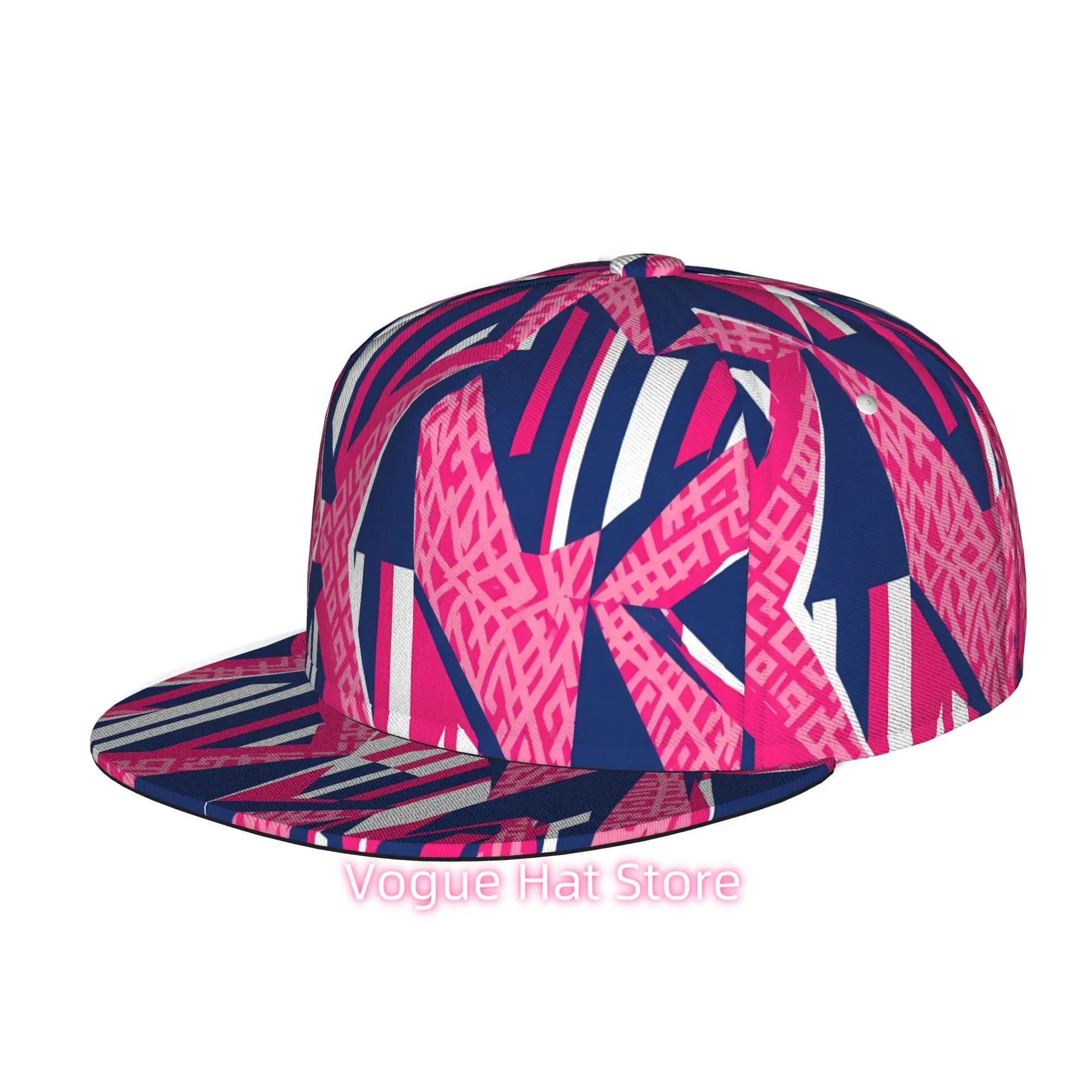 A Flat-Brim Baseball Cap Featuring an Abstract Geometric Design in Pink, Blue, And White, Suitable for Both Men And Women. This