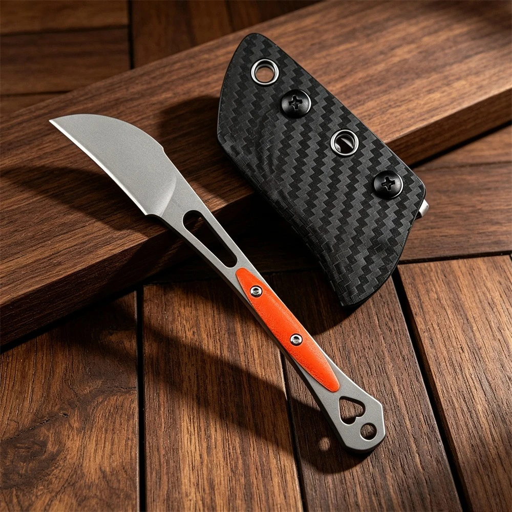 Mini Camping EDC Fixed Blade Knife 8Cr13Mov Steel Lightweight Hollow Handle with Orange G10 Inlay Portable Outdoor Utility Knife