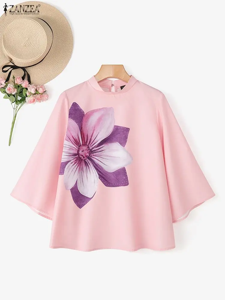 

ZANZEA, женская блузка, осень 2024, элегантная офисная рубашка со стойкой, стильные топы с расклешенными рукавами и принтом, туника, женская OL, рабочая блузка