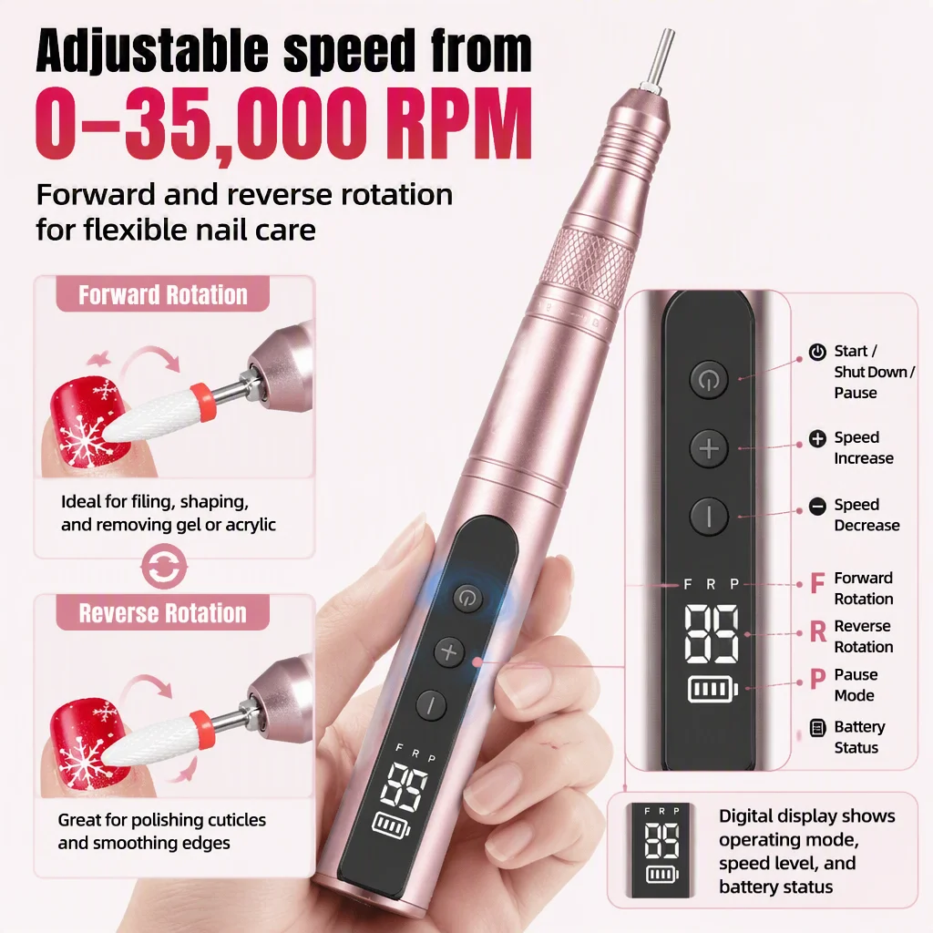 Cordless Nail Drill Pen Kit 35000RPM Rechargeable Electric Nail File Efile LCD Display Bits Acrylic Gel Nails Manicure Pedicure