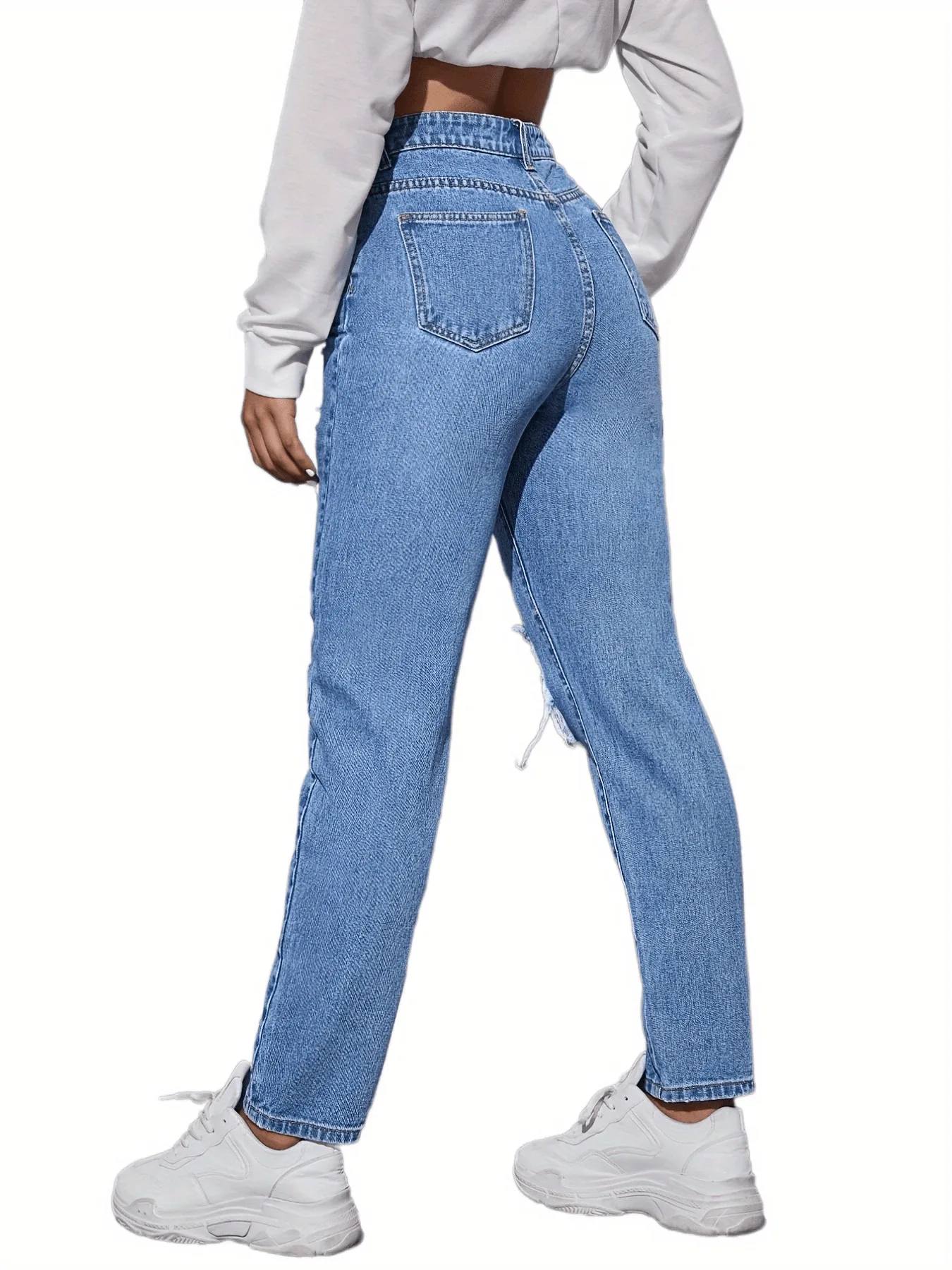 Acolchoado Holey Calças jeans femininas de cintura alta casuais para mamãe roupas jeans rasgados para mulheres jeans azuis