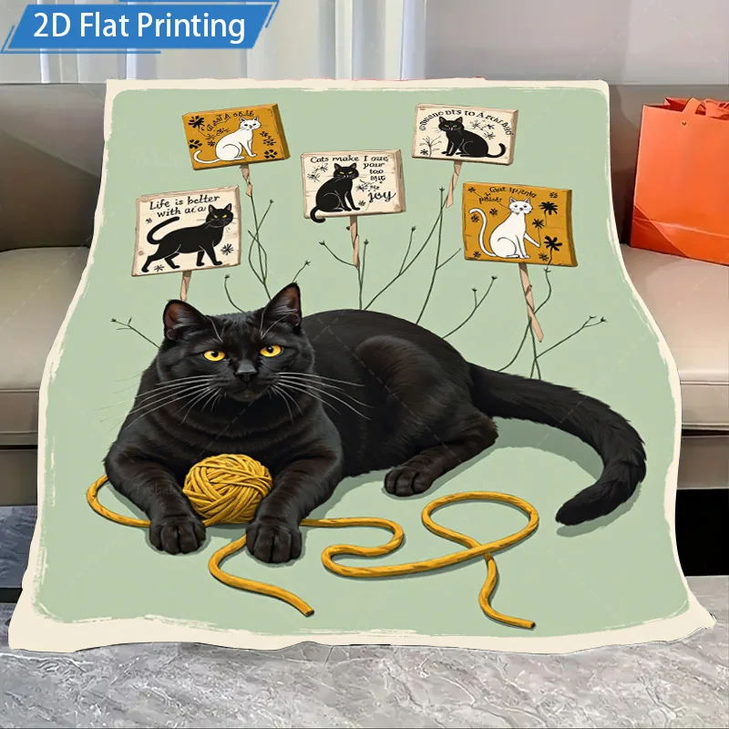 

1 шт. фланелевое одеяло с милым черным котом и флисовым одеялом из пряжи, уютный домашний декор для любителей кошек