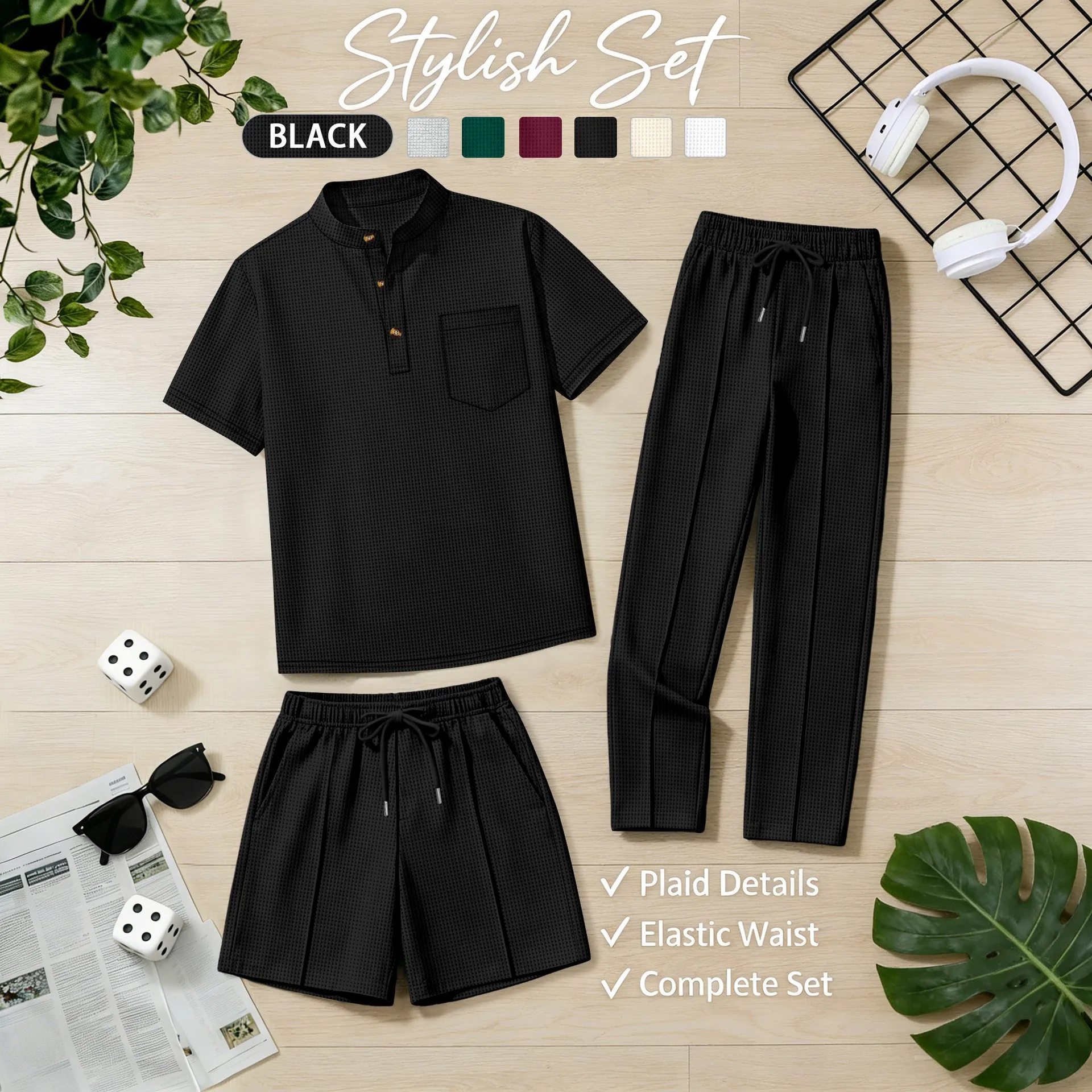 

Мужской комплект из 3 предметов: рубашка-поло с воротником-стойкой, брюки и шорты с карманами, повседневная уличная одежда