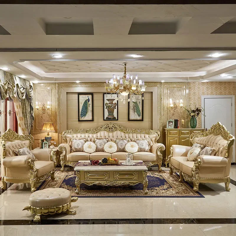 European-style solid wood leather sofa living room combination 123 seats classic gold luxury