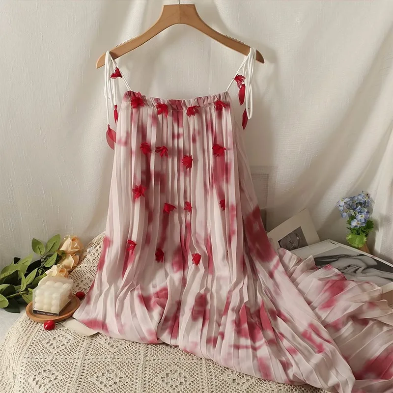 

2023 Sexy Tie Bow Chiffon Spaghetti Strap Dress Women Loose Floral Print Pleated Dresses Ladies Long Seaside Holiday Vestidos