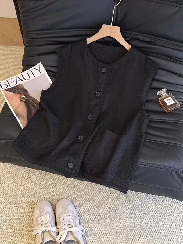 

Повседневная свободная хлопково-льняная майка, женская круглая майка большого размера Ne Svel irt Double ket, художественный однотонный жилет