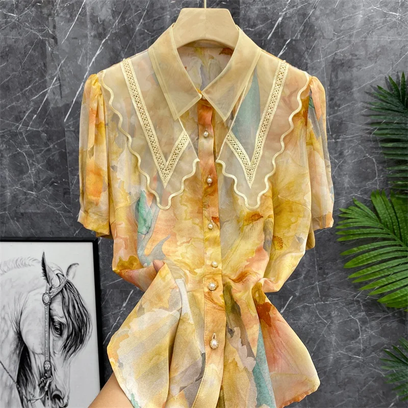 

Элегантная шелковая рубашка в стиле французской живописи с вышитым воротником Питер Пэн и цветочным принтом для женщин, летний сезон