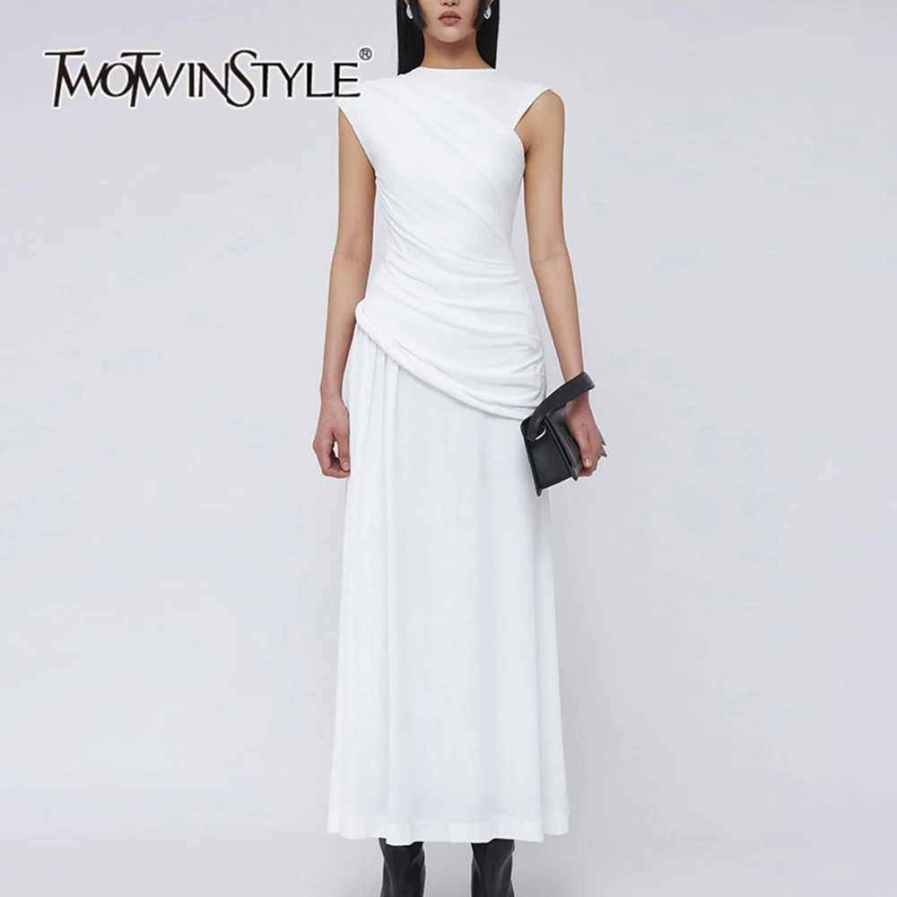 

TWOTWINSTYLE Solid Patchwork Folds Minimalist Dress For Women Round Neck Sleeveless High Waist Slim Temperament Dresses Female