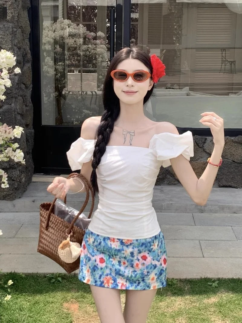 

Summer Sweet Spicy Girl Set One oulder Strap Vest Floral ter Skirt Two Piece Set ort Sve Overhead Faion Set