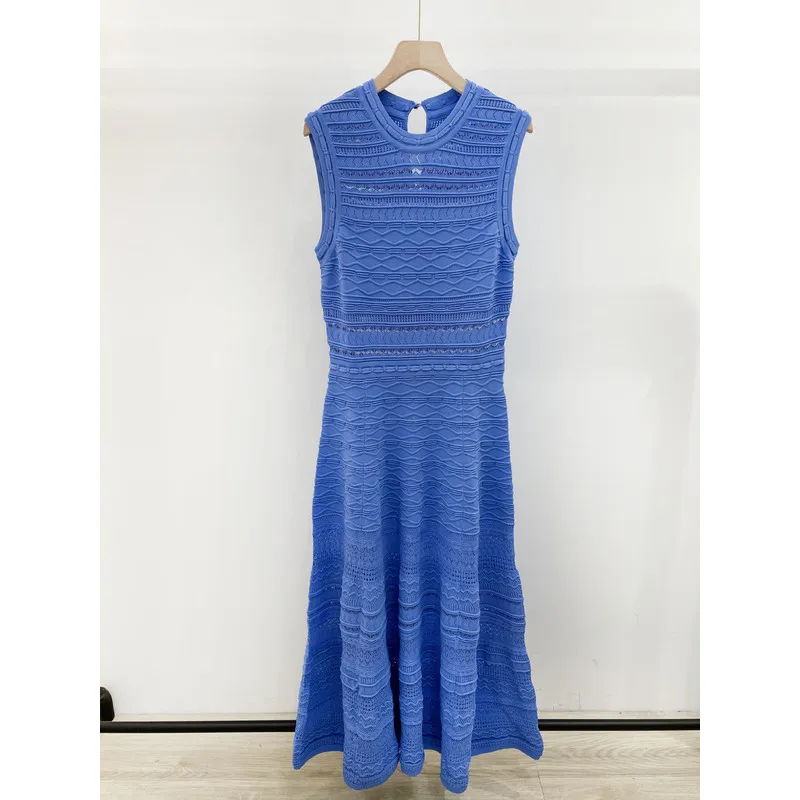 Women Sleeveless Hollow Knit Midi Dress Round Neck Textured Wave Pattern A‑Line Long Dress Back Keyhole Elegant Party Dresses