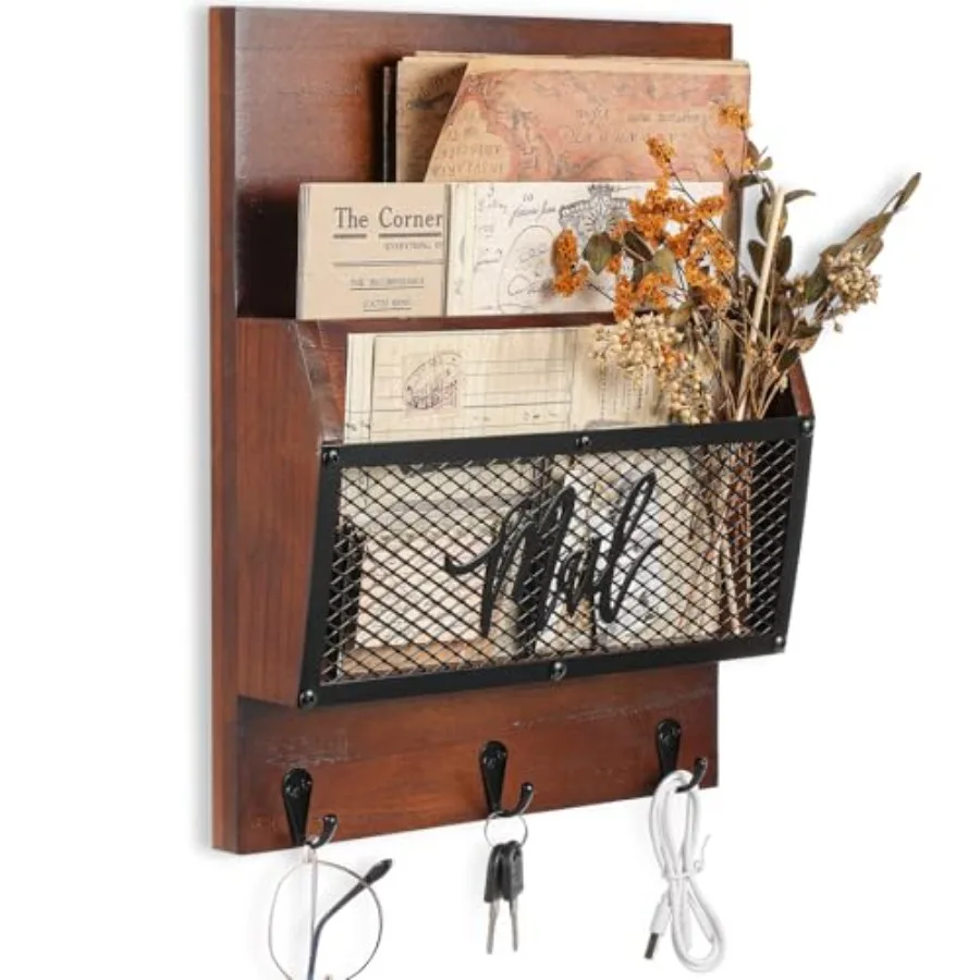 

Настенный деревянный органайзер для почты в стиле фермерского дома, с 3 крючками, для ключей и писем, для использования внутри помещений