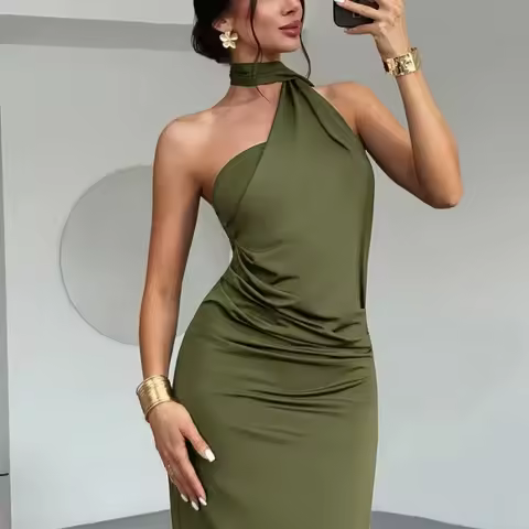 Olive Green Halter Maxi Dress Women Sle Ruched Draped Tie Bodycon Backless Elegant Party Wedding Guest Evening Formal Prom Dress