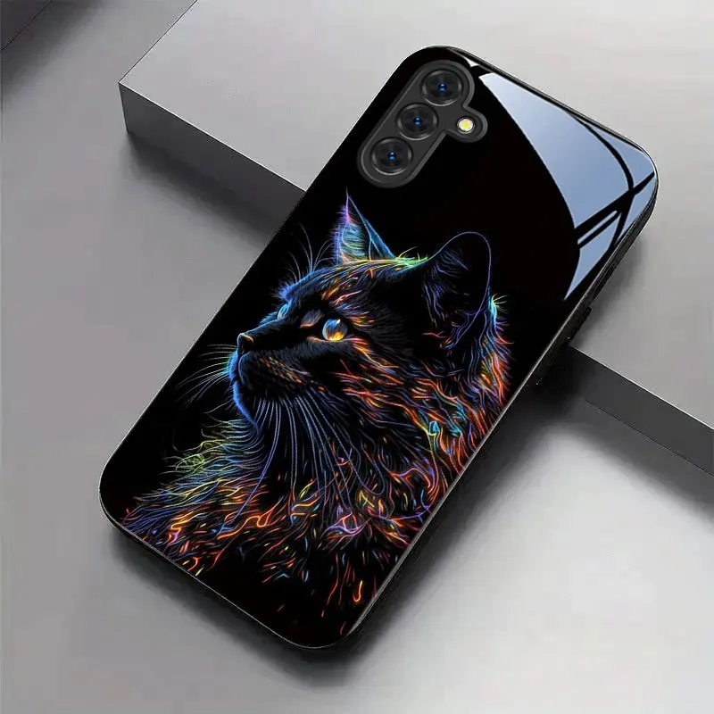 

Neon Colorful Cat Tempered Glass Phone Case Suitable for Samsung Galaxy S26 S25 S24 S22 S21 S20 FE/Ultra/Plus5G Anti Drop