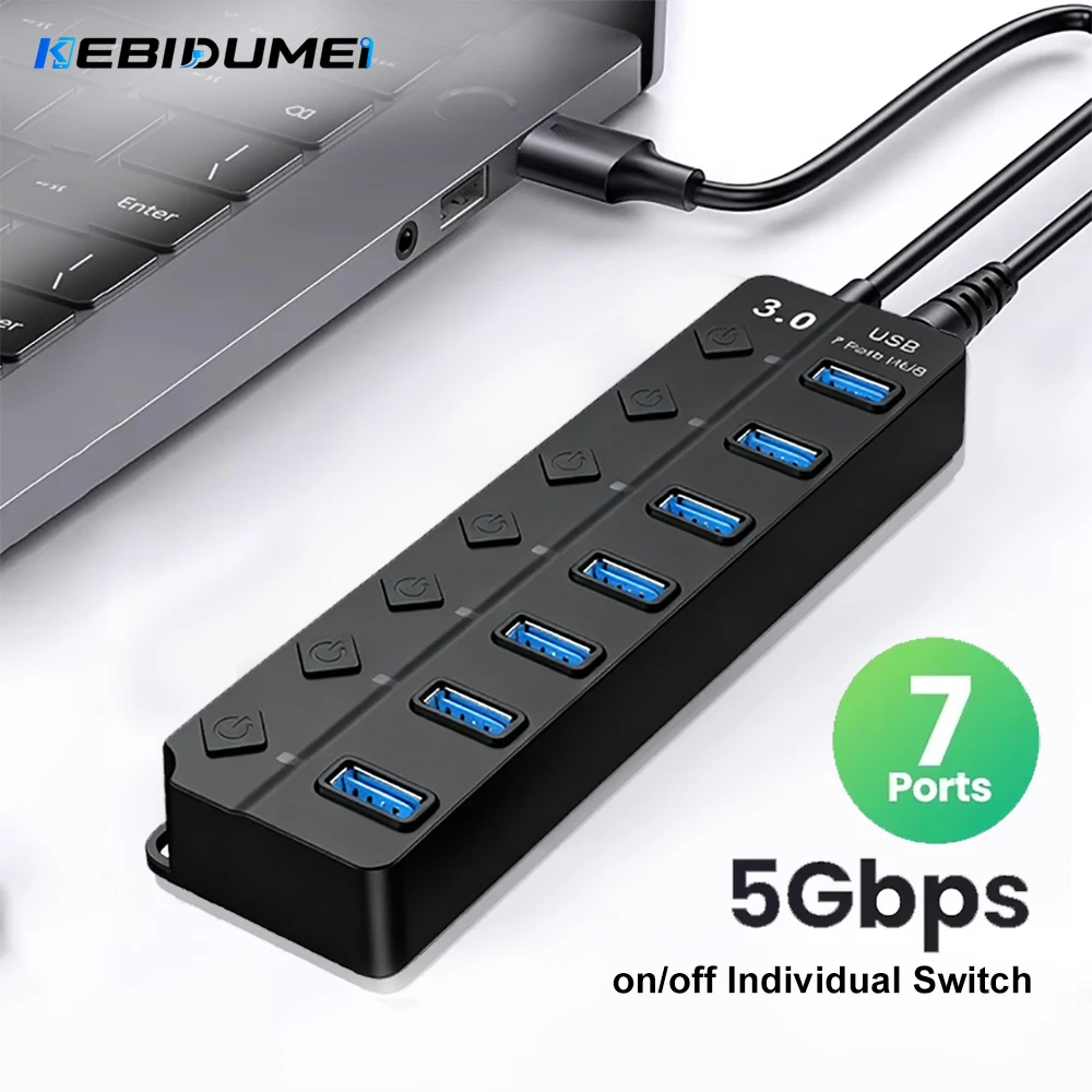KEBIDUMEI Hub USB 7 ports USB3.0, séparateur 5 Gbps avec interrupteur individuel, adaptateur d'alimentation pour PC portable, extension USB, station d'accueil USB C