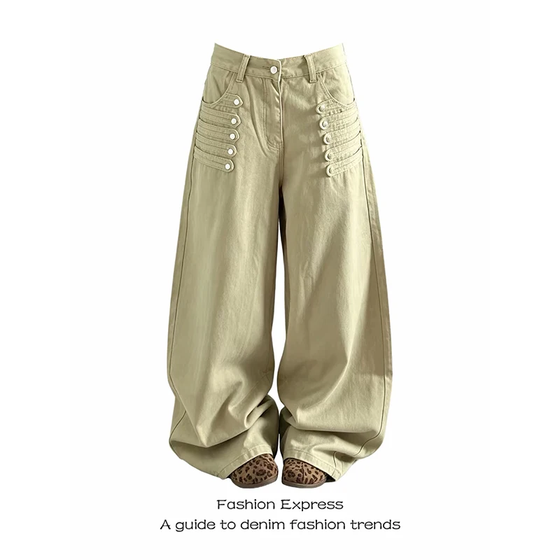 YIBASHU Women Khaki Gothic Y2k Scimitar Jeans Vintage 2000s Grunge American Style Jeans Pants Baggy Wide Leg Denim Pants Clothes