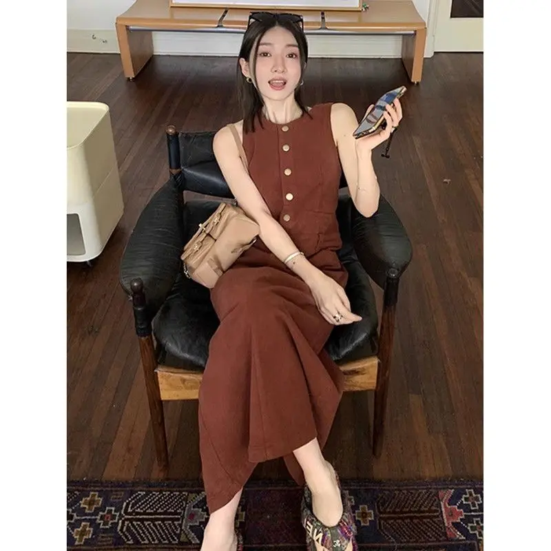 Sans manches 2025 mode gilets hauts Robe longue trajet col en V solide chemises décontractées Femininas femmes élégant boutonné longue Robe Wh1