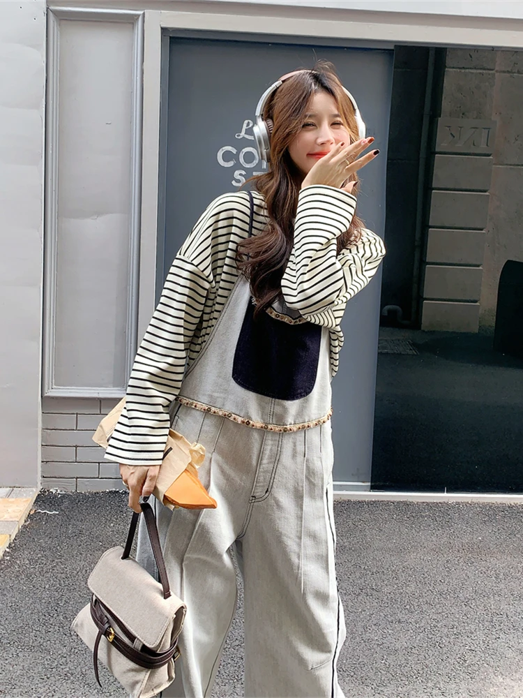 Retro American Workwear Contrast Color Splicing Denim Overalls Women's Spring Autumn Loose Age Reduction One-Piece Pants