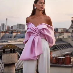 Elegant Chic Pink Satin Pleated Bow Tops Sexy Vest Backless Pleated Lace Up Streetwear Female Shirts Party Off Shoulder Tops