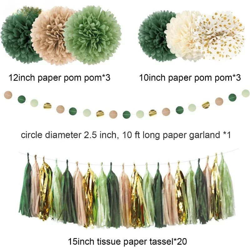 Rustic Sage Green Gold Wedding Cream Tissue Paper Pompom Dots Paper Garland Tassel Banner for Safari Forest Birthday Party Decor