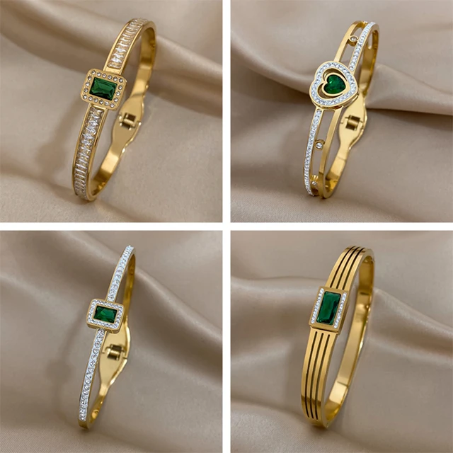 Modna zielona cyrkonia bransoletka ze stali nierdzewnej Femme Luxe męskie serce lamparta miłość bransoletki Bijoux Vintage para bransoletka biżuteria