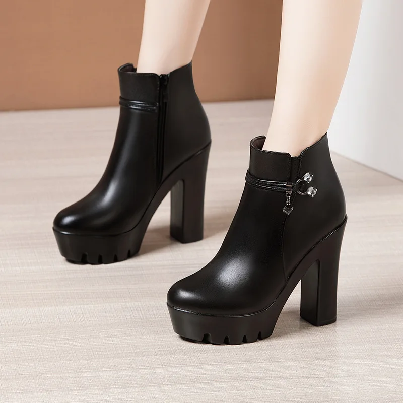 High quality short ankle leather boots for women 10cm high heel platform new 2024 autumn winter elegant 32 33 43 shoe - black