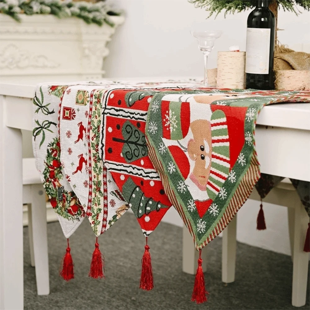 

Table Flag Tassel Christmas Table Runner Long Rectangle Table Cover Snowman Printed Knitted Cloth Tablecloth Hotels