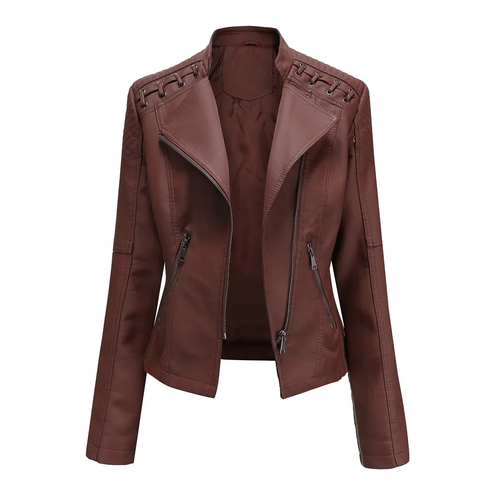 Spring Autumn Leather Jacket Women Slim Fit Motor Biker PU Leather Short Coat Stand Collar Ladies Zipper Outerwear