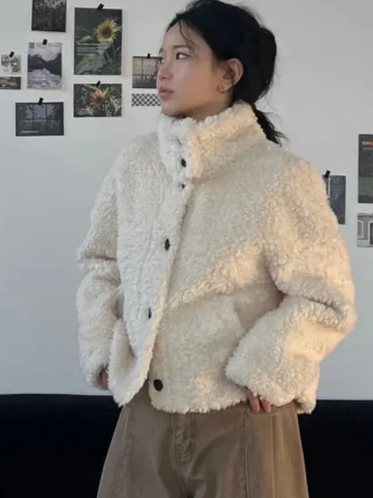 

Winter New Sle Women's Warm Faux Fur Coat High Collar Cotton Jaet Chic Design Sense ort Size Cute Curly Hair