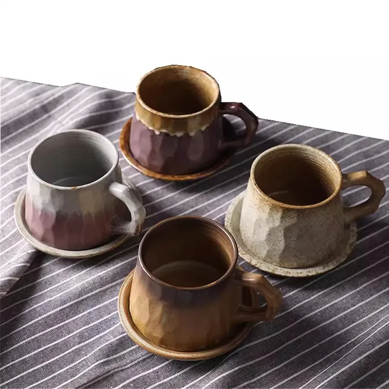 Japanese Style Vintage Rough Ceramic Coffee Cup Saucer Set 310ml Hand Chiseled Texture Mug Creative Tea Cup Gift Home Office