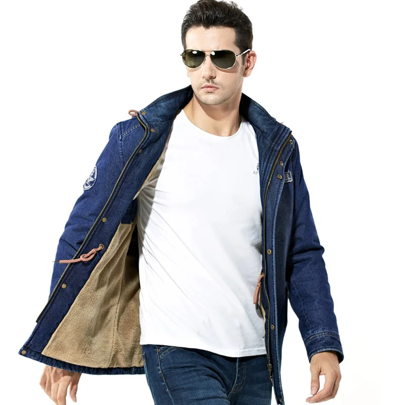 Winter Jacket Men\'s Denim Coat Mid-long Plus Velvet Thick Warm Pure Cotton Jackets Coats Hooded Overcoat Men Windbreaker M-5XL