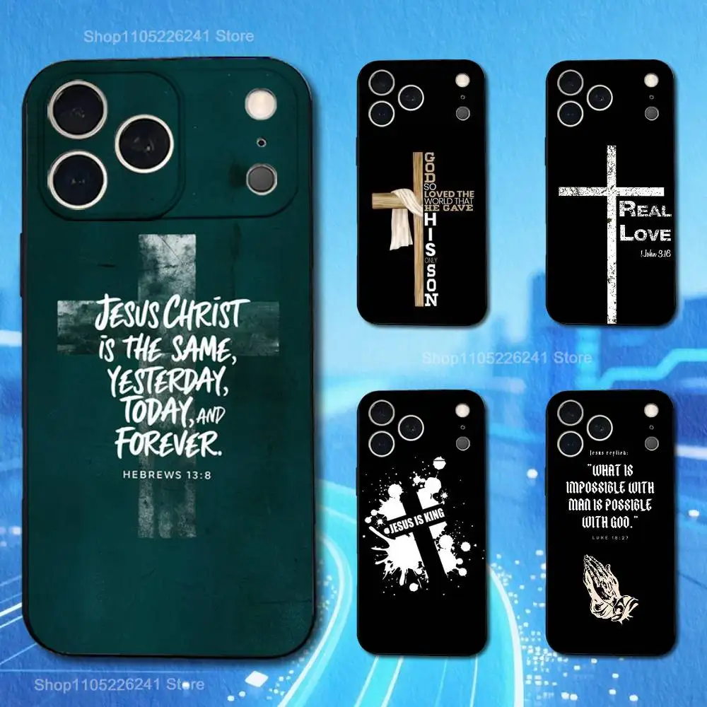 Etui na iPhone'a 11, 12, 15, 14, 13, 16, 17, Plus, Pro Max, XS, X, XR, SE, Mini, 8, 7, z miękkiego silikonu, czarne, z motywem wiary, Chrystusa i wersetów biblijnych.