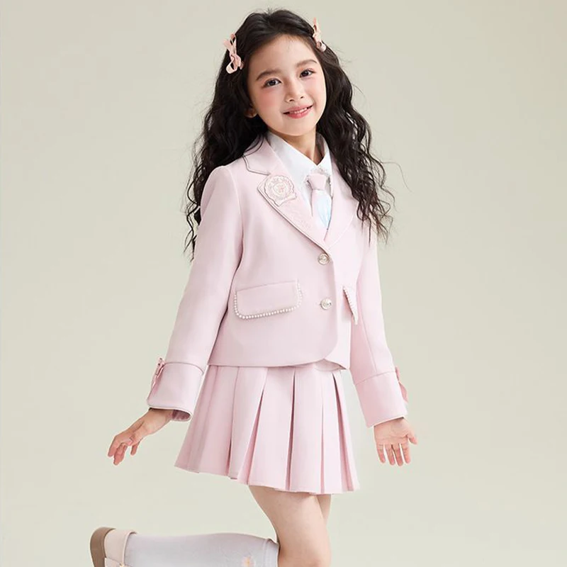 Spring Autumn Girl Jk Set Preppy Style Suit Shirt Pleated Skirt Three-Piece Set Sweet Fashion Best Friend Style Spring Clothing