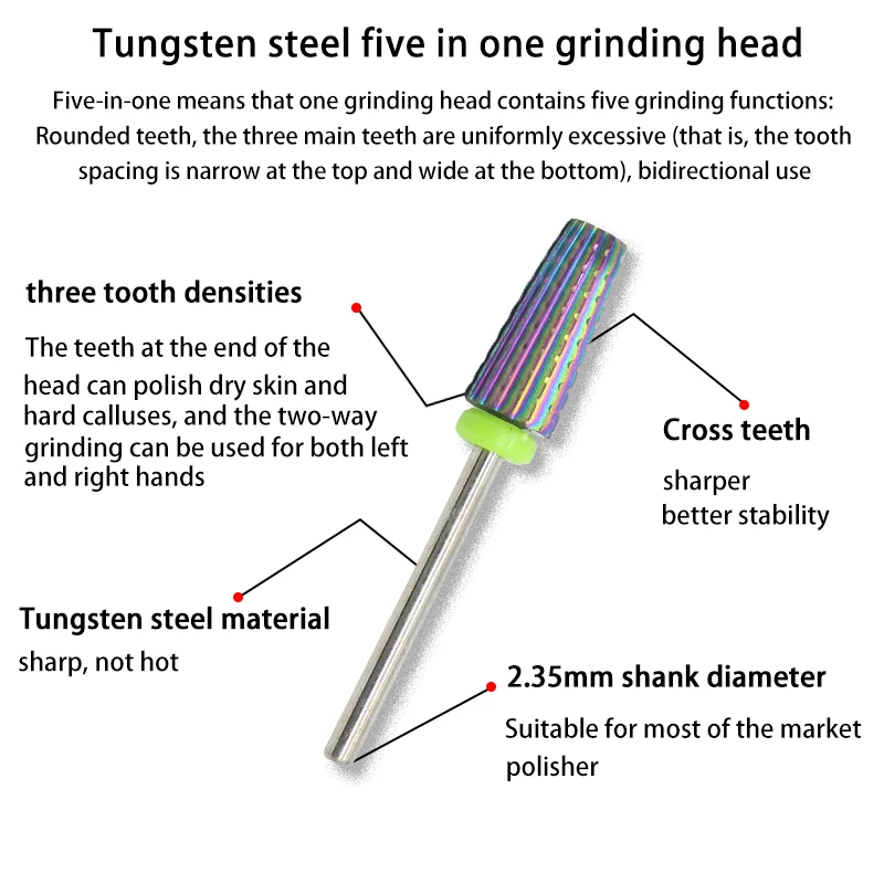 5 In 1 Tungsten Steel Nail Drill Bits Carbide Left Right Hand Double Rotating Ways Milling Cutter DIY Manicure Polishing Tools