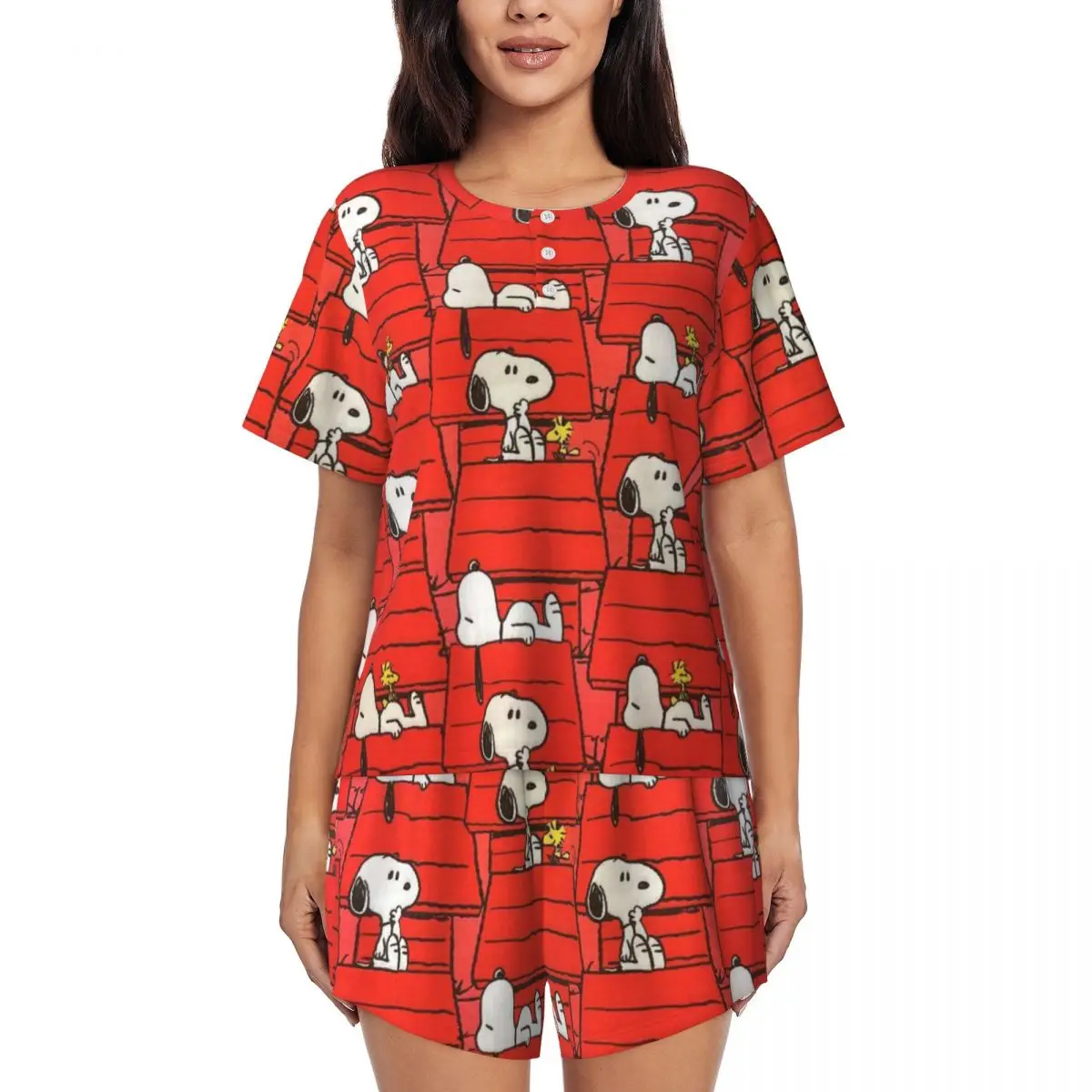 

Cartoon Snoopy Woodstock Animation Pajamas Set for Women Short Sleeve Anime Dog Sleepwear Loungewear 2 Piece Pjs