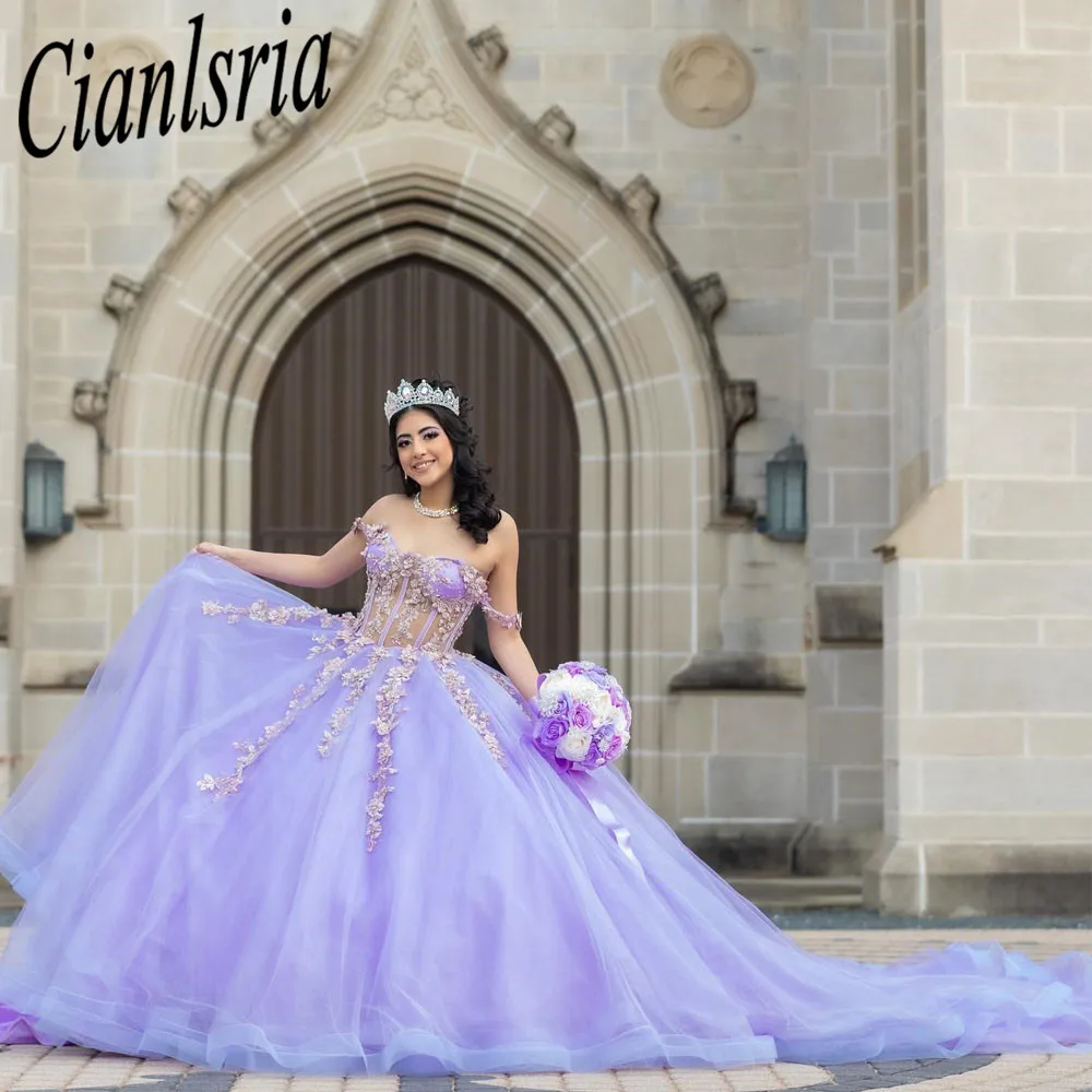 

Vintage Sweetheart Ball Gown Lilac Quinceanera Dresses 3D Flower Tulle Off the Shoulder Sweet 15 16 Princess Party Gown