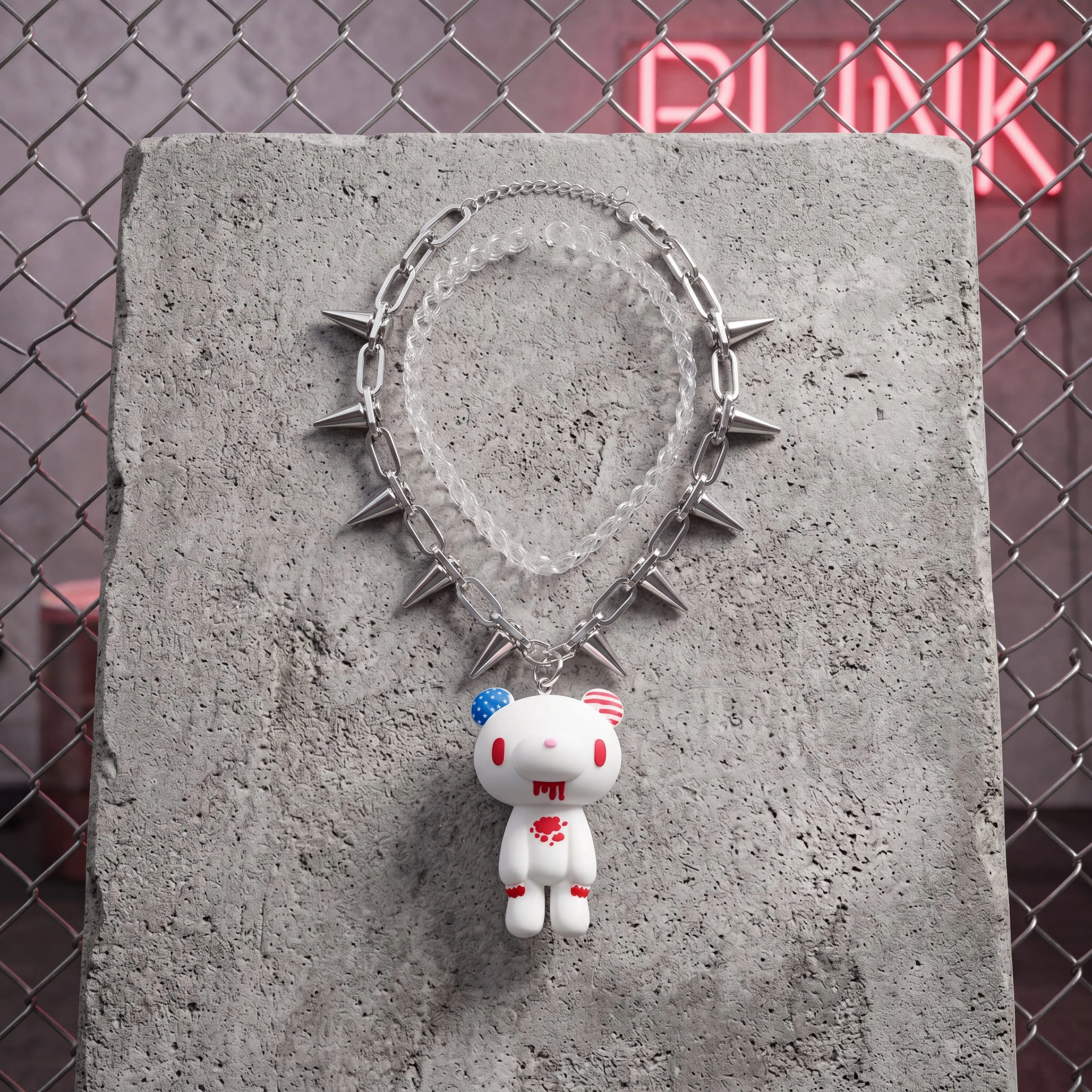 Cute Bear Pendant Necklace With Spiked Chain, Cute Punk Style Bear Necklace For Women Men, Trendy Cool Jewelry Gift