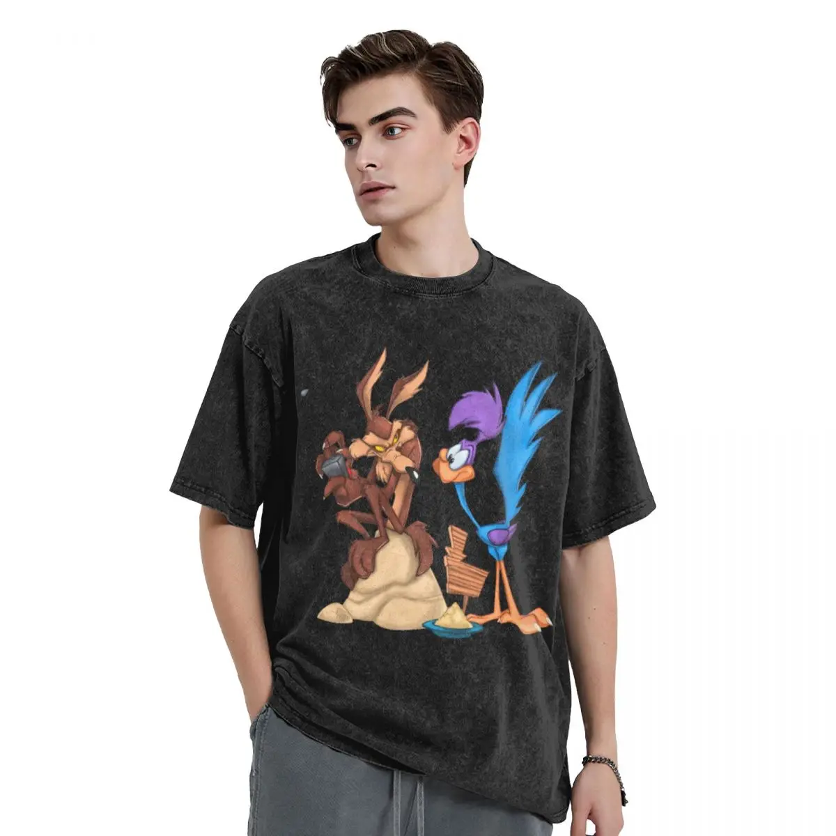 Control The Remote T Shirts Washed 100% Cotton T-Shirt Roadrunner Wile-E-Coyote Cartoon for Men Women Tops Streetwear Tees