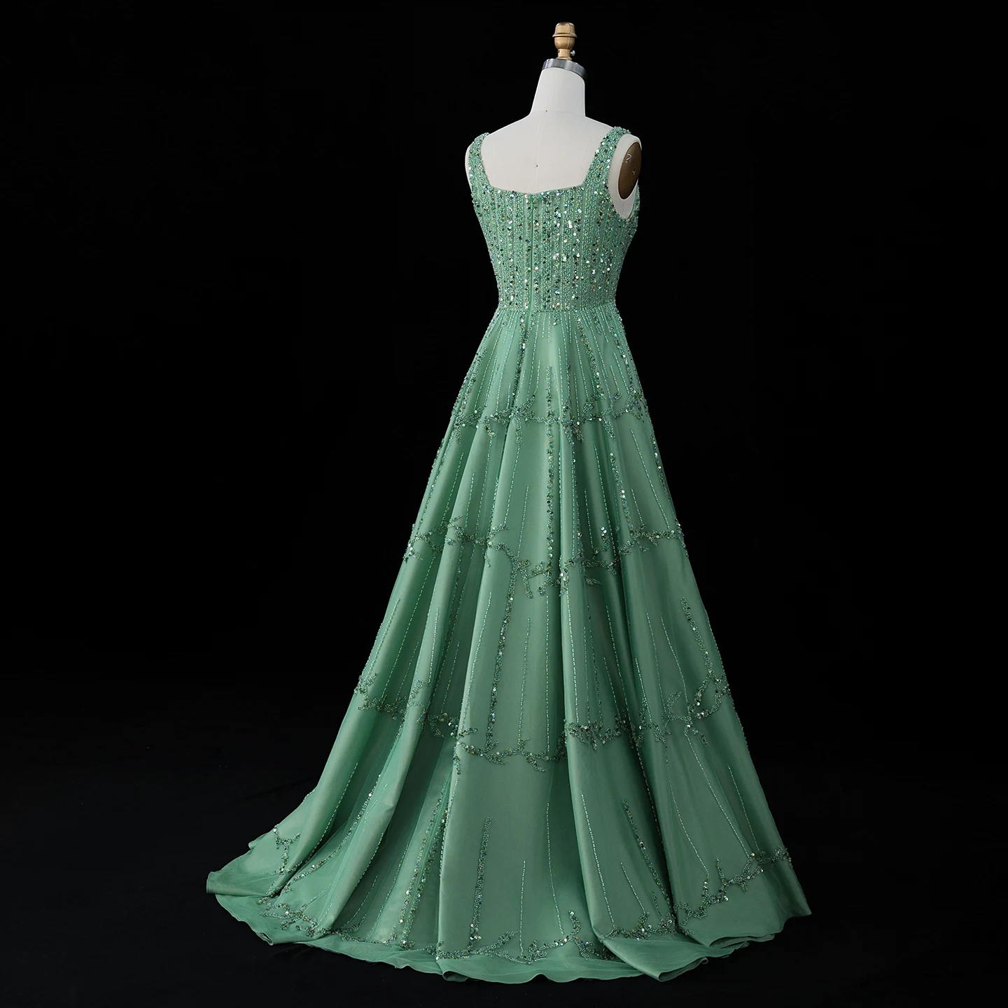 Sharon Said Luxuriöses, perlenbesetztes, grünes, elegantes Abendkleid im Spaghetti-Stil für die Hochzeitsfeier der Frauen in Dubai 2026, SS225, maßgeschneidert. – Detail 9