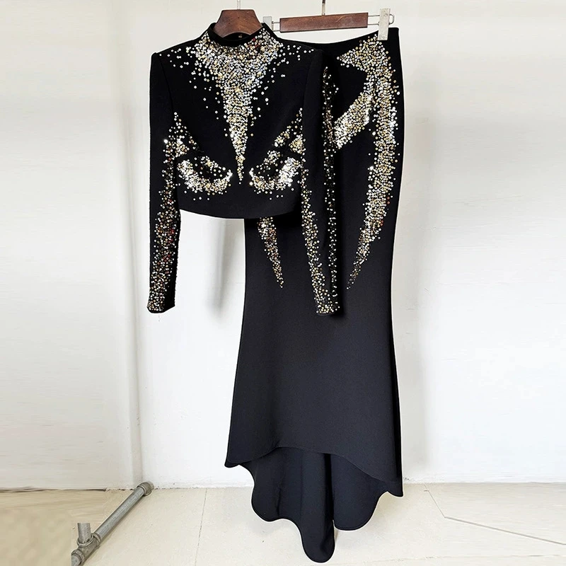 New Fashionable Commuter Heavy Industry Embroidered Glitter Women's Long Sleeve Short Top+Fish Tail Half Skirt Set Two Piece Set