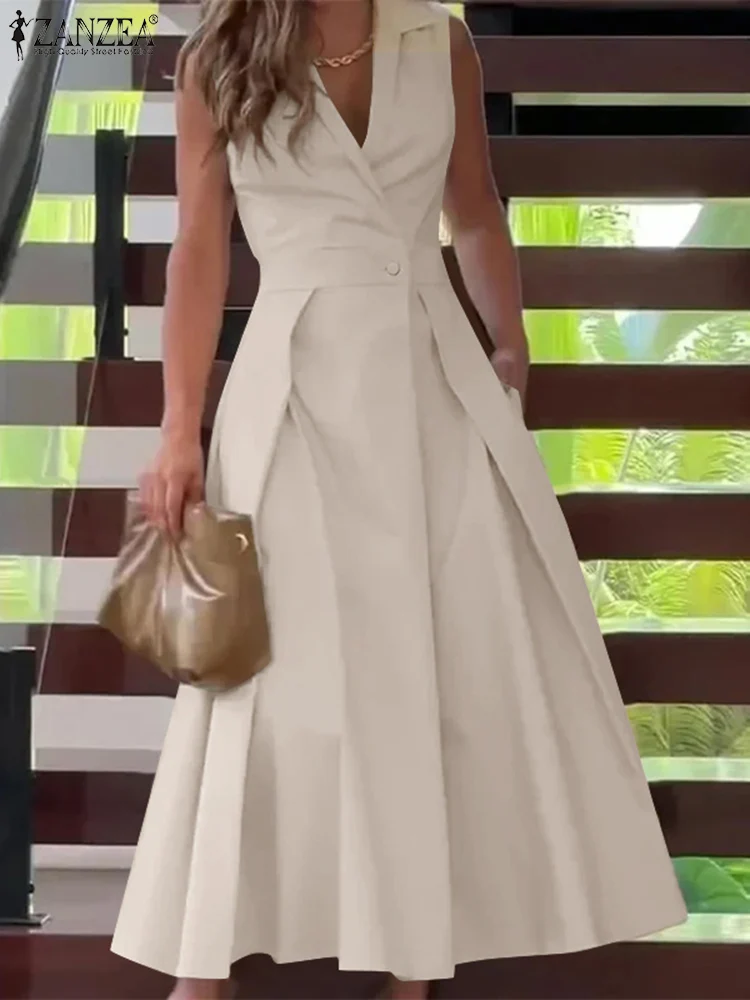 ZANZEA 2024 Fashion Women Sundress Summer Elegant Lapel Neck Sleeveless A-line Dress Stylish Solid Midi Party Vestido Sarafans