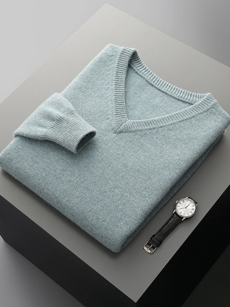 100% de lana merina para hombre, jersey con cuello en V, suéter grueso, cálido, informal, Base de moda, suéter de punto