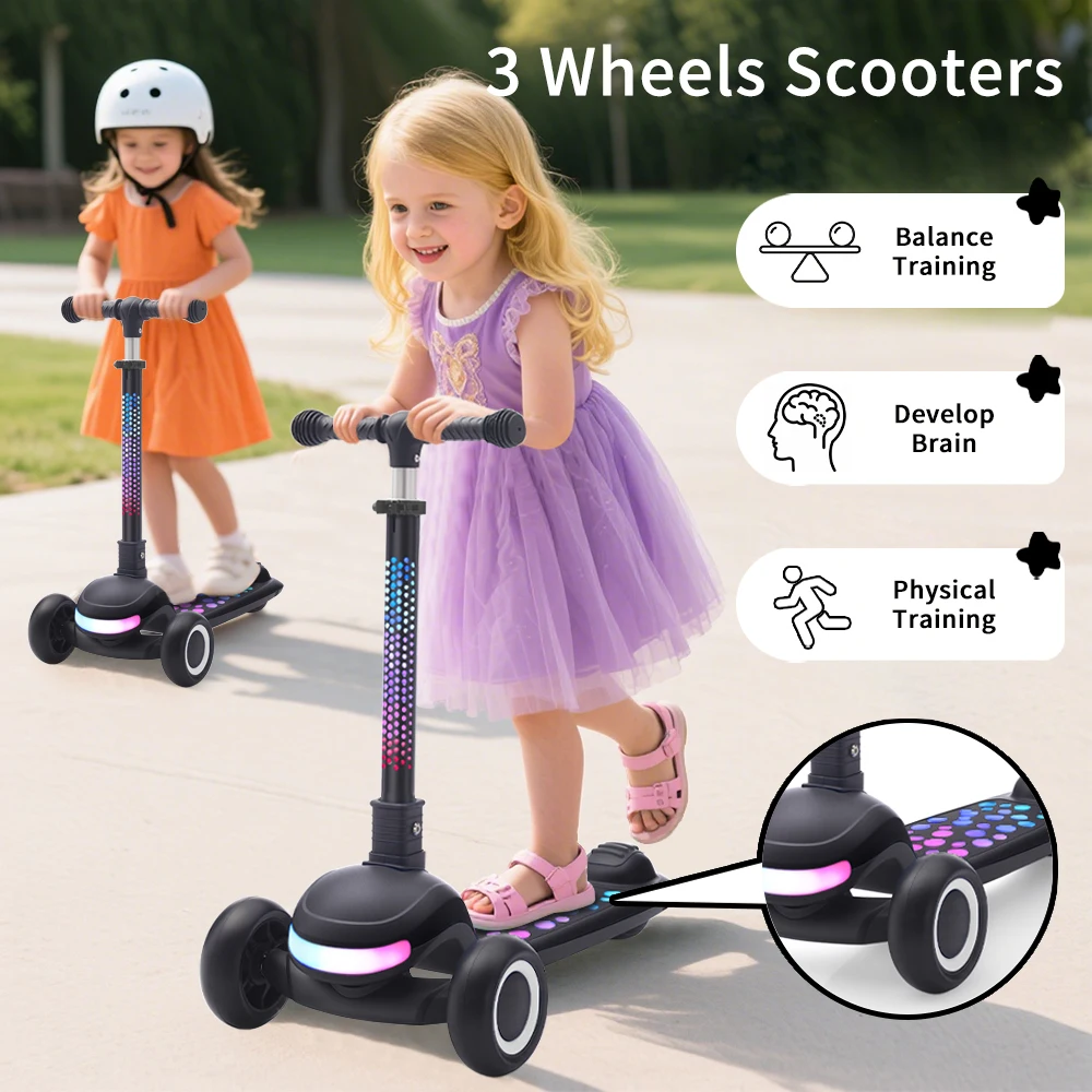 Adjustable Height Kids Kick Scooter One-Click Foldable Children Scooter Safe Rear Foot Brake Anti-Slip Wide Deck Wear Resistant PU Wheels Lightweight Portable Scooter for Boys Girls 3-12 Years Old