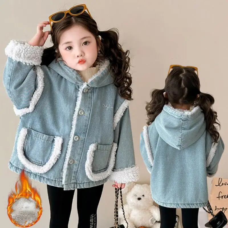 

Популярная утепленная зимняя джинсовая куртка для девочек, осенние топы, пальто с капюшоном, детское теплое пальто Kawaii, модная новая стильная повседневная одежда, домашняя одежда