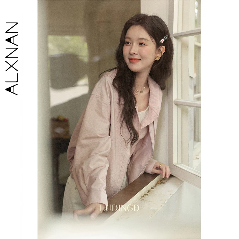 ALXNAN Women's Pink Short Jacket Cotton Elegant Casual Outerwear 2025 Fashion Loose-fit Office Lady Fashion Female Coats L56722
