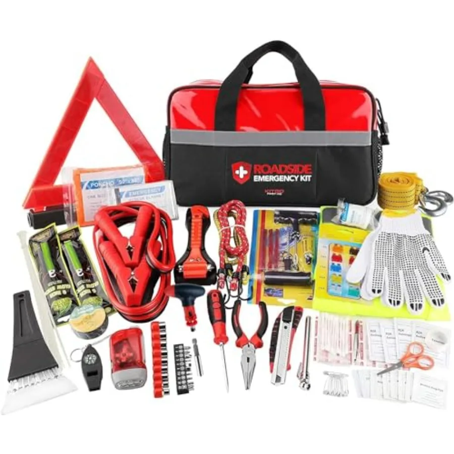 

Car Emergency KitPremium Roadside Assistance Essentials with Jumper Cables Flashlight Shovel Screwdriver Set - Ideal Auto Road