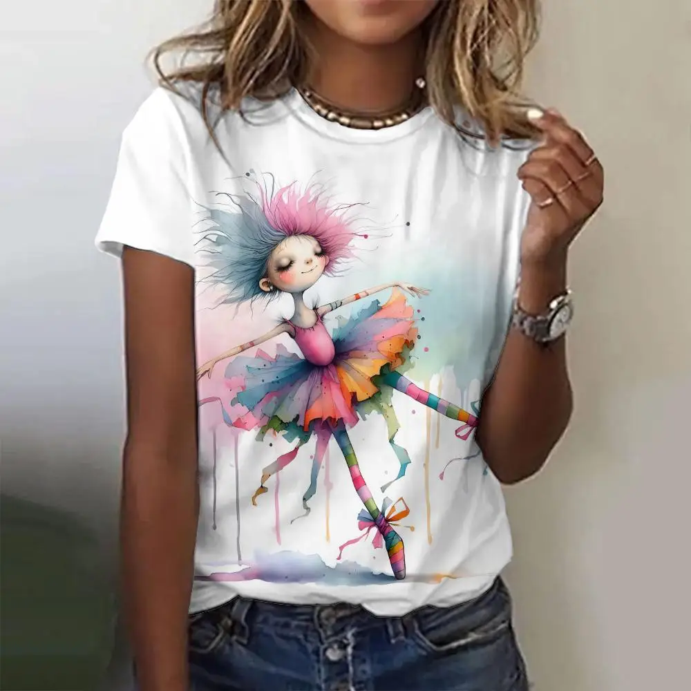 Camiseta con estampado de dibujos animados para mujer, camiseta informal holgada de manga corta con cuello redondo