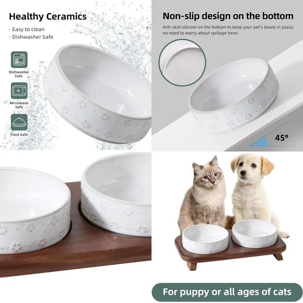 

6.1inch Raised Double Cat Bowls Set with Acacia Wood Stand, Wide Whisker Friendly Ceramic Food & Water Bowls for Cats, Puppy, Ki