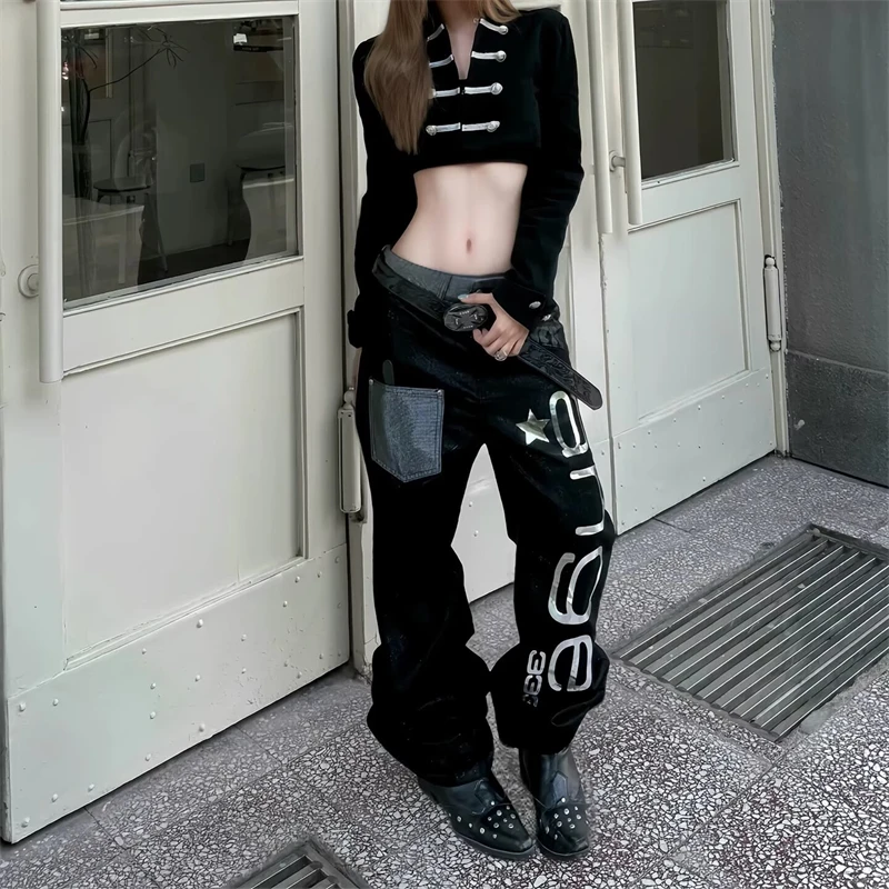 Women's Punk Style Spliced Jeans 90s Y2k Pants Unisex Retro Bottoms Female High Waisted Wide Leg Trousers
