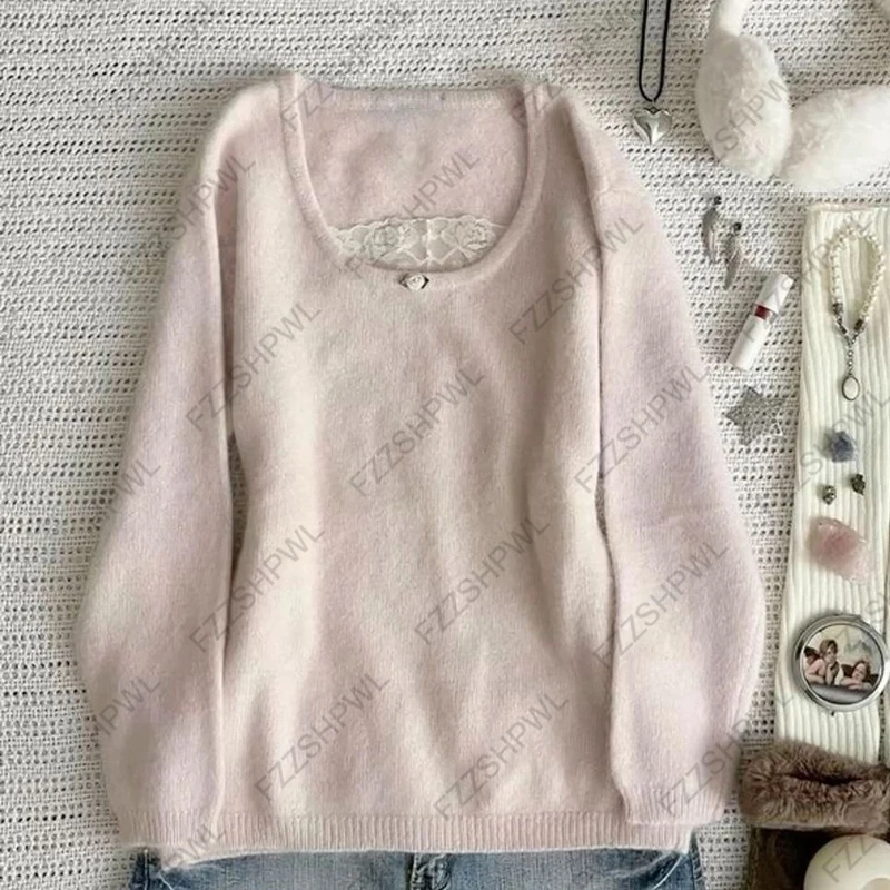 Otoño e Invierno suéter de cuello cuadrado de punto moda retro lindo dulce estilo de hadas Harajuku casual chic humor chica ropa de calle